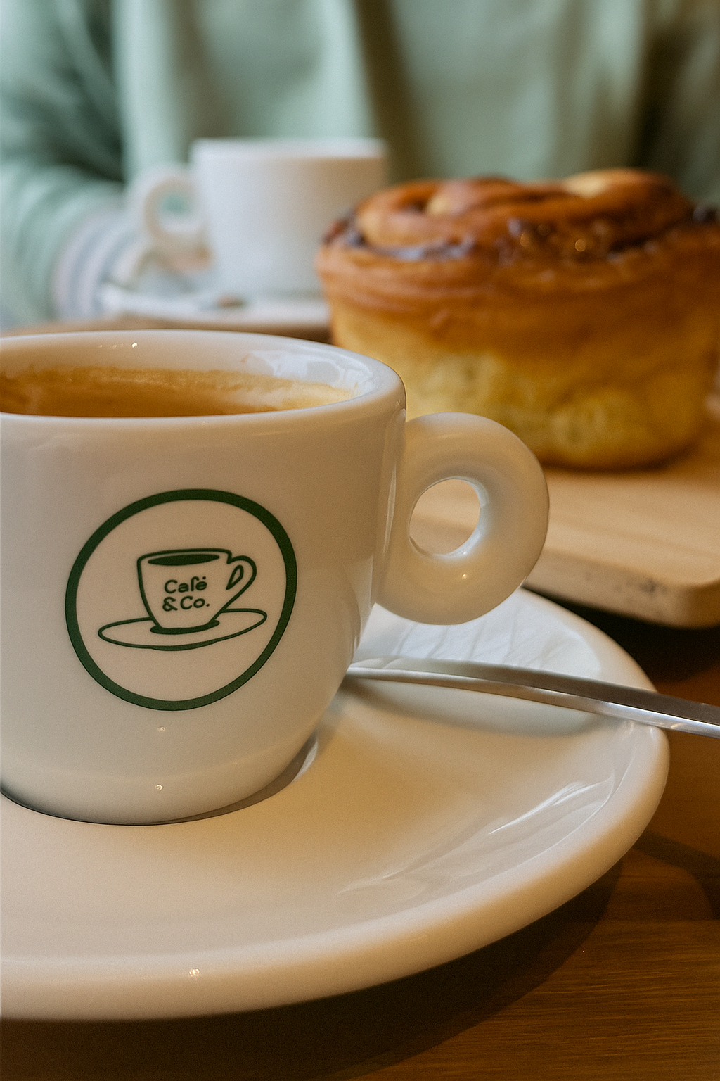 Café servido en taza de cerámica sobre mesa de madera